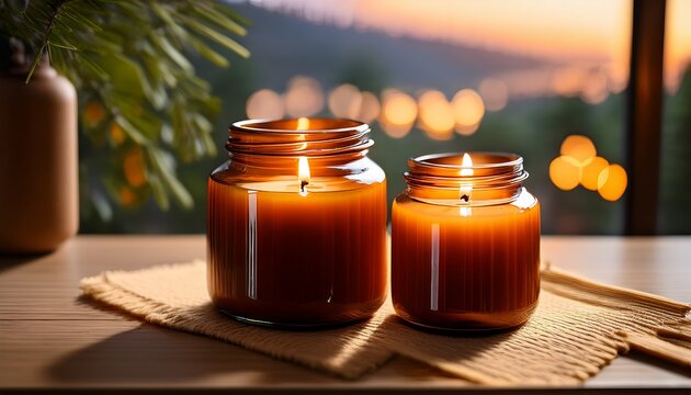 two amber jar candles burning warm light relaxation aromatherapy still life