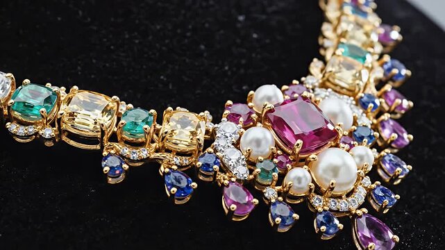 Luxurious Gemstone Necklace Close-Up - A close-up shot reveals the intricate details of a luxurious gemstone necklace.