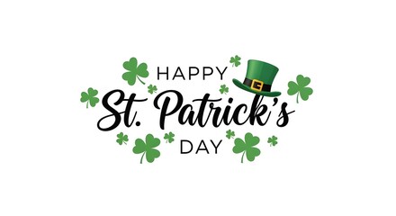 Happy St. Patrick's Day typography with a festive green leprechaun hat and lucky shamrocks, perfect for greetings.