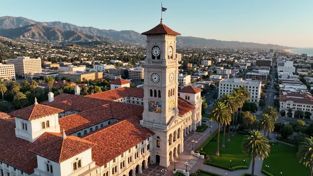 Aerial view of a beautiful building with a clock tower and city landscape.