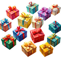 Assortment of vibrant, square gift boxes, tied with ribbons, displayed on a black background