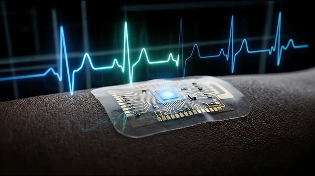 Flexible wearable electronic patch on skin monitoring heart rhythm with glowing sensor and electrocardiogram ECG waveform for real time monitor of vital signs and futuristic medical sensor device