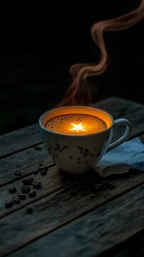 A glowing star illuminates a steaming cup of coffee on a rustic table. This magical scene evokes warmth, comfort, and a peaceful morning.