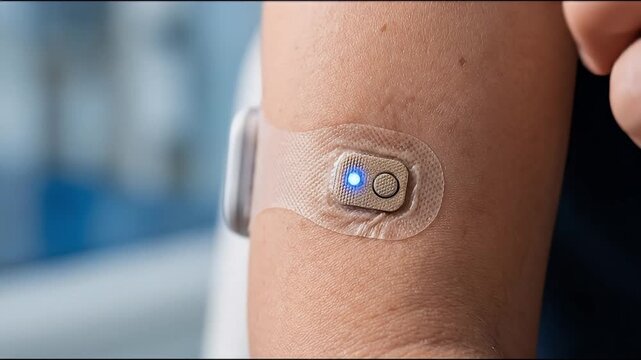 Continuous glucose monitor sensor arm with blue light wearable medical device for diabetes management finger pressing small adhesive patch monitoring health glucose levels close up healthcare first