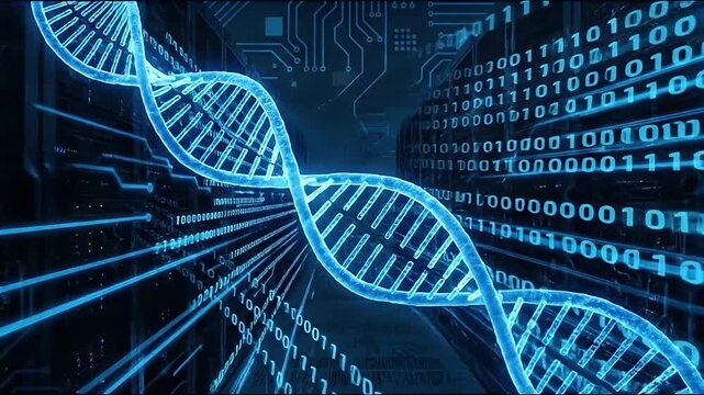 Digital DNA strand glowing blue with binary code data flow in futuristic technology background, symbolizing genetic information and digital data integration for advanced science innovation