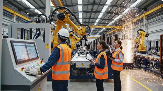 Engineers and technicians working in a modern factory setting.