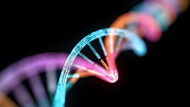 Colorful DNA strand double helix genetic code molecular structure science biology biotechnology medical research genetics glowing futuristic abstract close up black background vibrant spiral