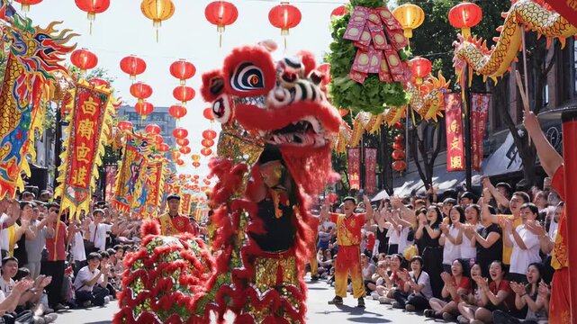 Lion Dance Festival Celebration Parade Street Performers Crowd Cheering.