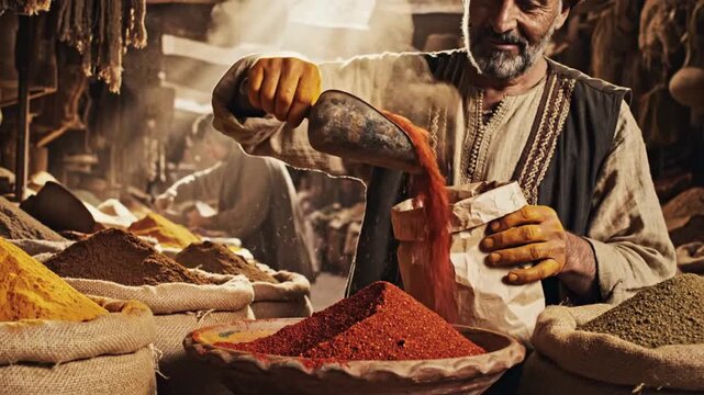 Seasoned merchant pouring vibrant red spice from a scoop into a paper bag amidst piles of colorful dry ingredients in this video footage