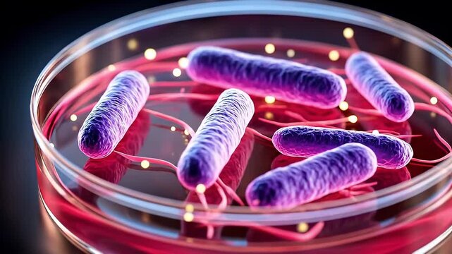 Bacteria in petri dish with purple rod shaped cells and flagella showing microbial culture and microscopic life in scientific laboratory research with glowing particles and red agar medium
