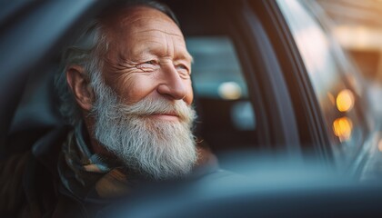 Joyful Owner: Attractive Bearded Gentleman Relaxing In His Freshly Purchased Vehicle, Gazing Out The Window With A Big Smile. Older Driver Enjoying The Ride.