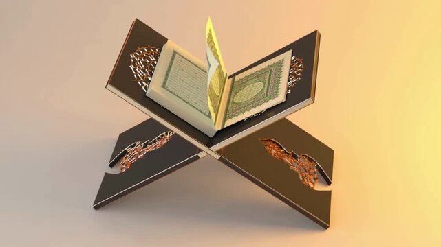 Holy Quran turning pages on ornate stand spiritual Islamic book