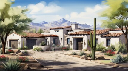 Fototapeta premium Sunlit Southwestern Style Desert Home with Stone Facade and Mountain Backdrop
