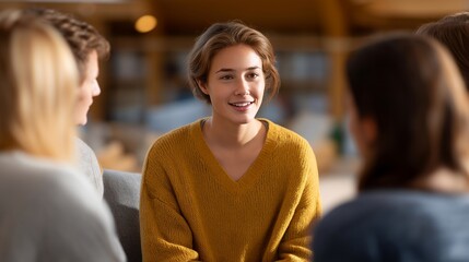 Focused counseling group session with attentive participants seated in a circle, sharing their journeys in a cozy, well-lit space. Warm earth tones and comfortable cushions create an inviting,