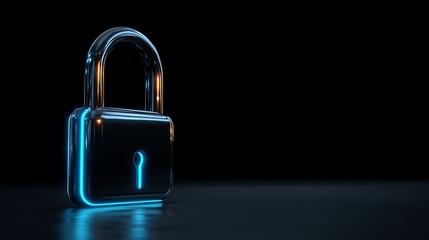 Fototapeta premium Futuristic Digital Padlock with Vibrant Blue and Orange Glow on a Dark Reflective Surface, Symbolizing Cybersecurity and Secure Data Access.