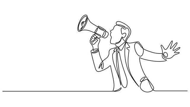 man holding megaphone continuous one line drawing animation, Animation of continuous one line drawing casual dressed man holding megaphone and shouting. Shout out. Loud voice. National Be Heard Day.