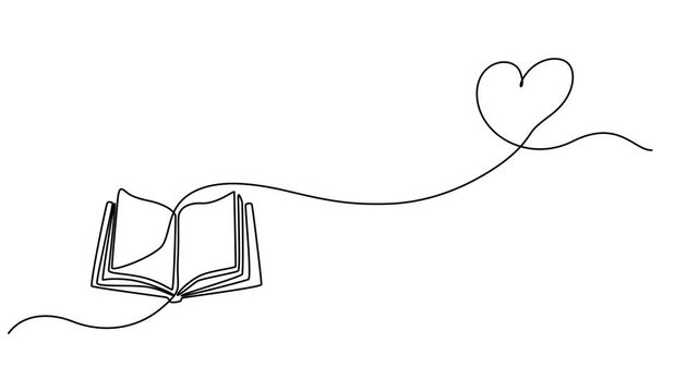 Open book with page as heart. One line continuous symbol heart. Line art, outline, single line silhouette. Hand drawn vector illustration animation, motion, videos, Love reading. Open book with heart