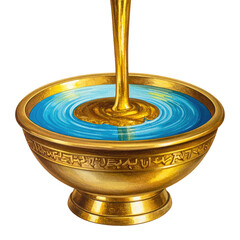 Close-up illustration of a golden bowl, filled with blue liquid being poured into it by golden substance