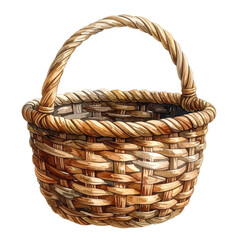 A meticulously rendered watercolor illustration of a woven basket with a sturdy handle