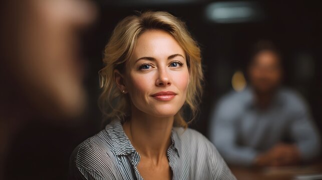 Professional woman with blonde hair smiling warmly at the during a softly lit business meeting