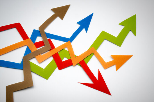 Colored arrows, visualizations showing direction, change, or growth/decrease relationships between data using vectors.
