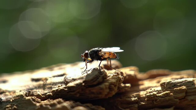 Macro photograph of a common housefly resting on weathered wood captured in shallow depth of field with bokeh highlights and dramatic lighting for nature themes