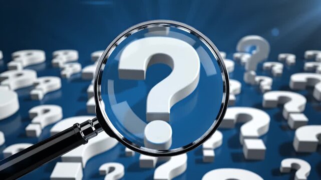Magnifying Glass Question Research - A magnifying glass is focused on a question mark, surrounded by multiple out-of-focus question marks.