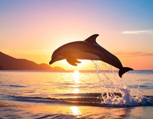 Dolphin jumping sunrise ocean