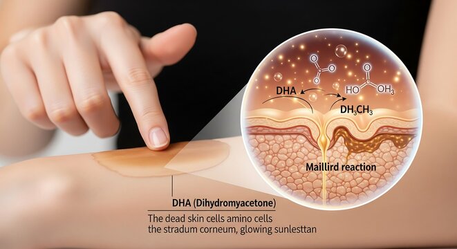 Close-up of hand touching skin with glowing circular graphic showing DHA and Maillard reaction in dermatology science