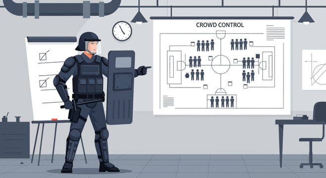 Police Officer in Riot Gear Explaining Crowd Control Tactics.