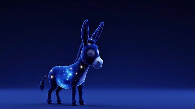 Glowing blue donkey with luminous stars in a dark background standing majestically in various poses always looking forward.