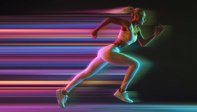 Professional Female Athlete Showcasing Stroboscopic Effect While Running In Neon Lights Over Black Studio Background. Space For Advertisement. Sports And Health.