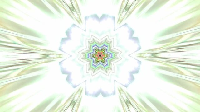 Abstract colorful kaleidoscope motion background featuring vibrant radial symmetry and dynamic geometric patterns. Hypnotic psychedelic light tunnel effect with smooth animation and glowing gradients.