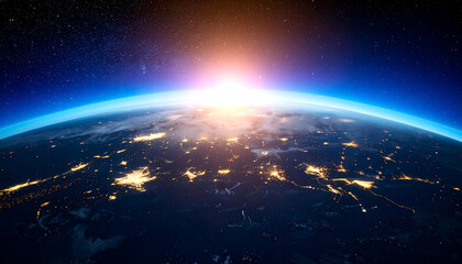 Earth from space sunrise over illuminated planet with stars