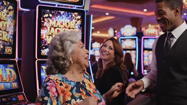 Excited Woman Wins Jackpot at Casino, Celebrates Victory.