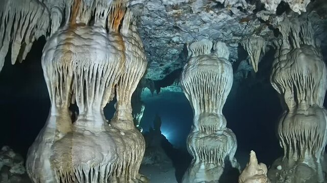 Impressive underwater cave formations with stalactites and stalagmites, showcasing ancient geological wonders submerged in dark blue water.