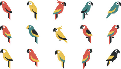 Parrot bird icon set flat vector collection of colorful tropical parrots isolated on light background © MdNazmul