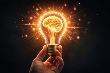 Glowing human brain inside lightbulb held by hand symbol of creative innovation