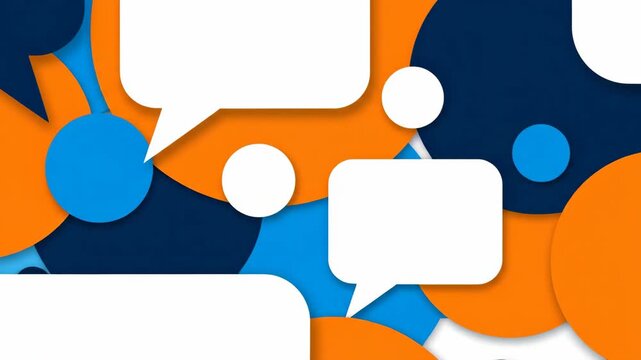 Animated geometric background with speech bubbles in blue orange and white suitable for presentations and social media overlays