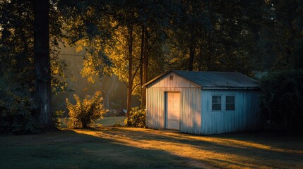 Rustic backyard shed bathed in golden hour light