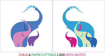 Elephant Family Paper Cutting Card Design with Hearts, Stylized Elephant Family Silhouette Art on White Background © Bijan Design