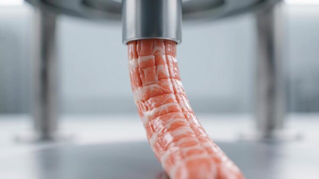 Processed meat product being extruded from a metal cylindrical machine