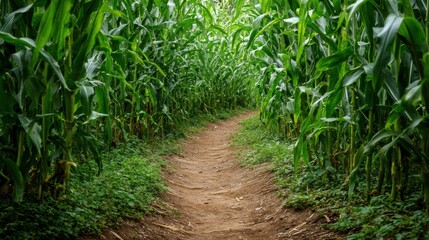 Winding dirt path through green corn field