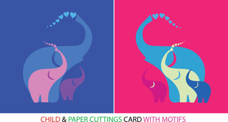 Mother and Baby Elephant Heart Motif Greeting Card, Elephant Family Silhouette Greeting Card with Heart Motifs © Bijan Design
