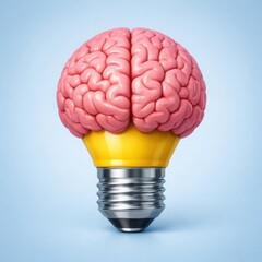 Plastic pink brain sitting on top of yellow lightbulb base over blue gradient