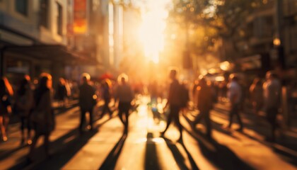 Vibrant City Street Scene Captured In Golden Light, Blurring The Energy Of Urban Life With People Enjoying The Evening Ambience.