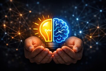 Split lightbulb and digital brain icon glowing in hands with network background