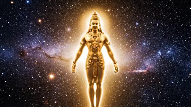 Golden statue of a man standing in the universe surrounded by stars and galaxies
