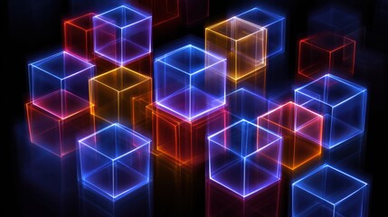 Neon glowing cubes creating abstract geometric background
