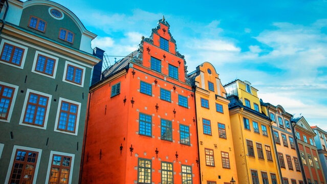 Iconic colorful medieval houses at Stortorget square in Gamla Stan, Stockholm, Sweden